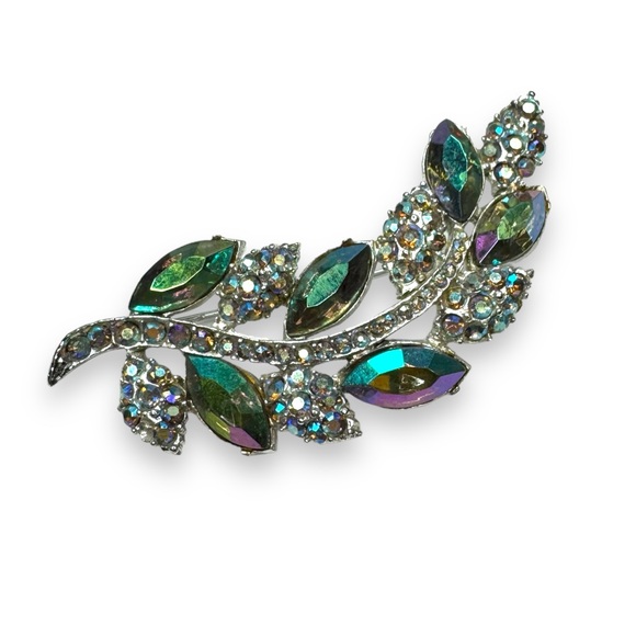 Vintage Aurora Borealis Navette Crystal Brooch Clip on Earring Set - Picture 2 of 8
